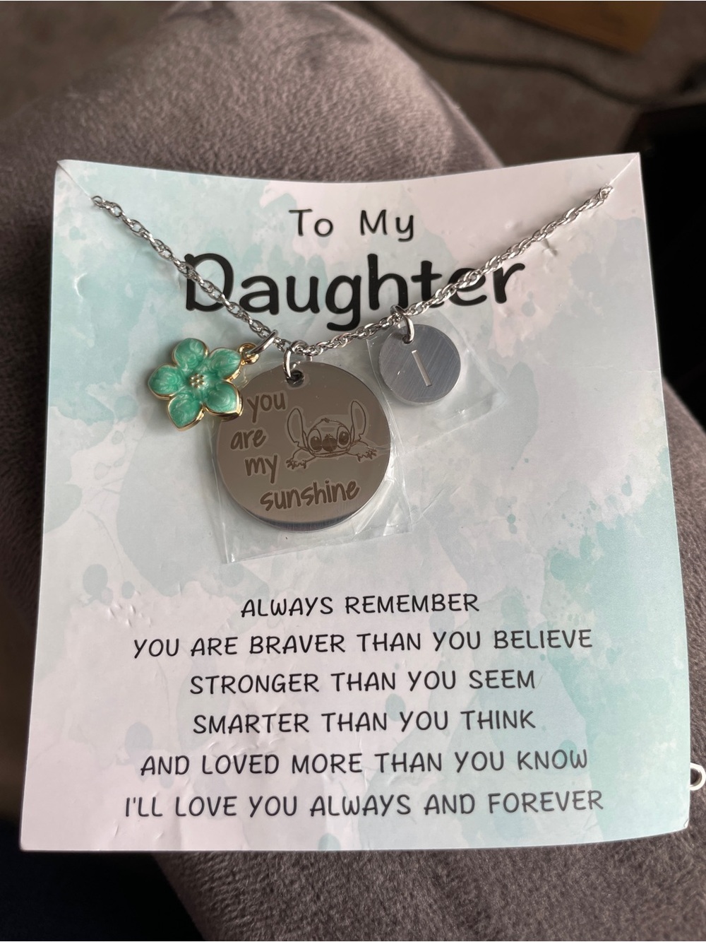 Daughter 'You Are My Sunshine' Silver Pendant Necklace with Mint Flower Charm